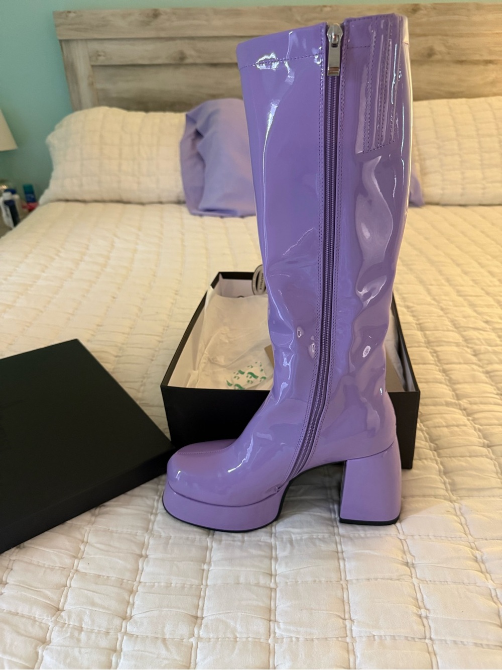 AOKUSI Purple Patent Knee High Platform Boots Y2K Go Go Size 8